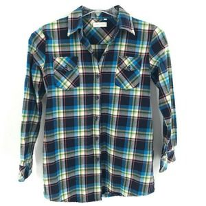 Jiang Yi Xuan Womens Plaid Flannel Button Down Shirt Blue Green L